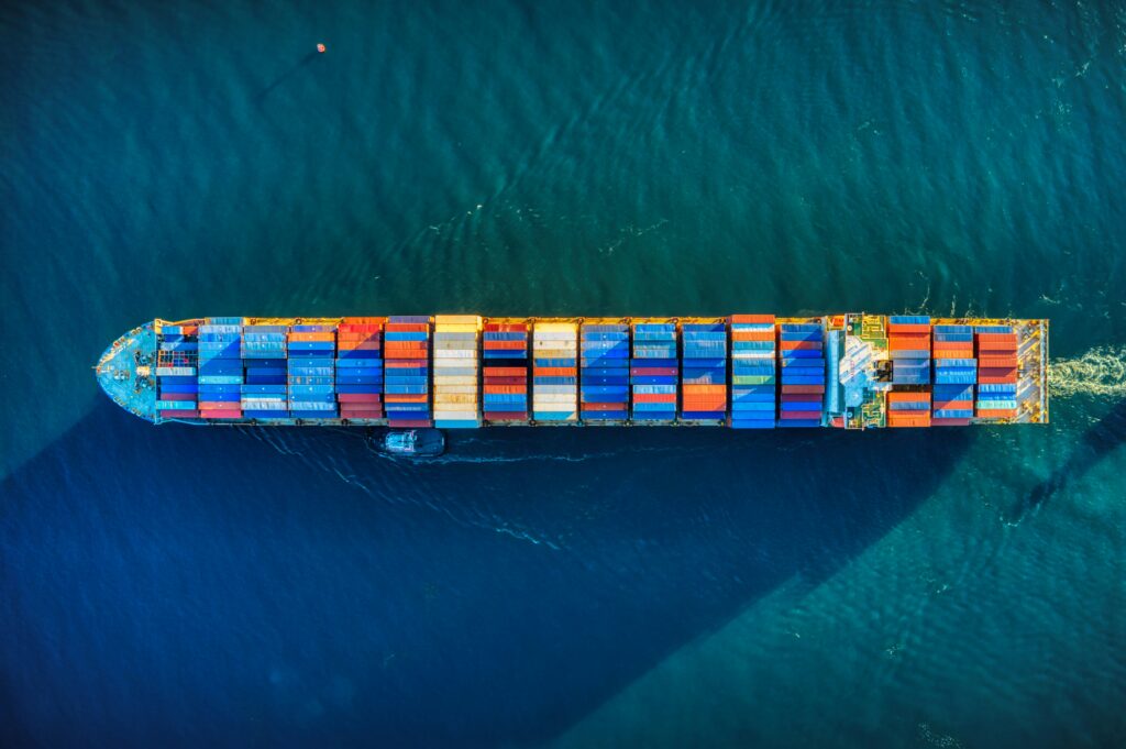 Aerial view of a colorful cargo ship.
