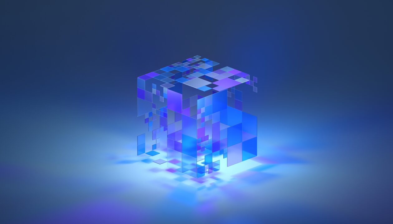 Abstract digital cube with blue light.