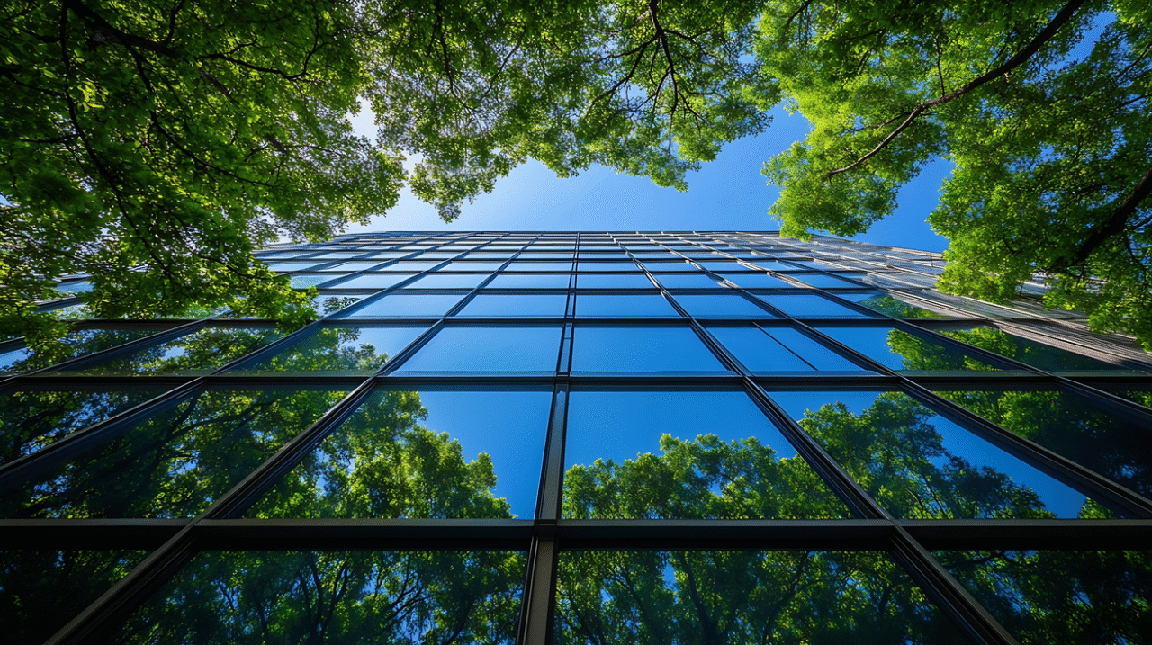 Corporate building next to forest representing the close tie between sustainable procurement and ESG impact